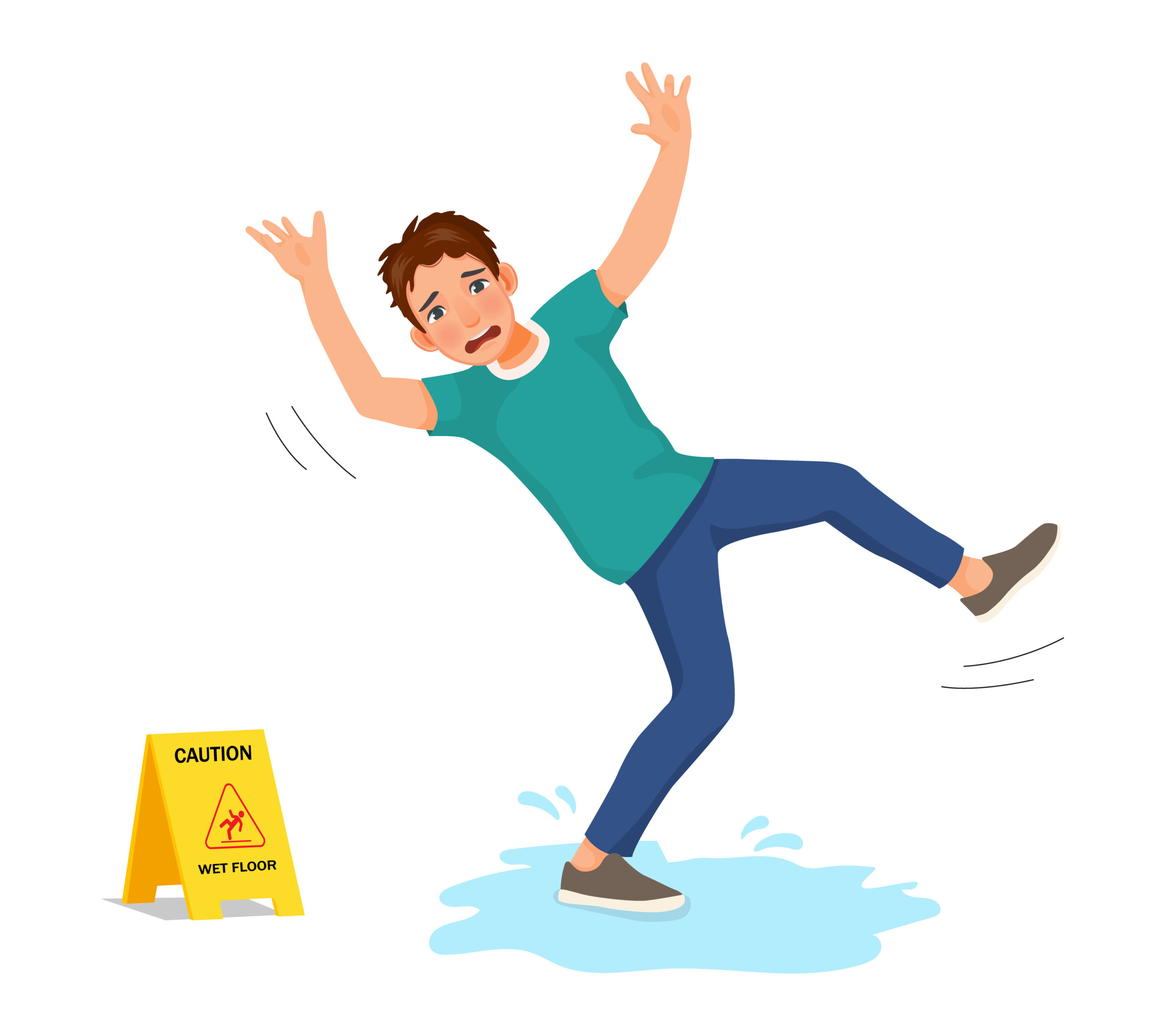 Young man having accident slipping on wet floor and falling down near yellow caution sign