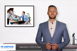 A man in a light blue suit stands in an office setting, speaking to the camera. Behind him is a framed photo of two people shaking hands at a desk. Text reads: “PK Simpson Injury Compensation Lawyers” and “MAKING A TPD CLAIM. A man in a light blue suit stands in an office setting, speaking to the camera. Behind him is a framed photo of two people shaking hands at a desk. Text reads: "PK Simpson Injury Compensation Lawyers" and "MAKING A TPD CLAIM.