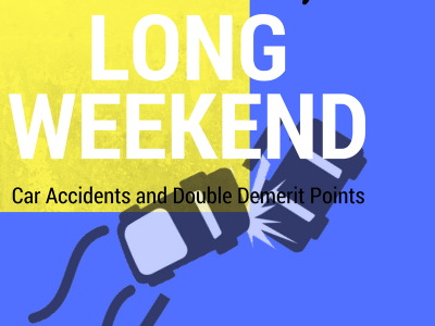 Two cars collide head-on in an illustration with the words "Queen's Birthday Long Weekend," highlighting "Car Accidents and Double Demerit Points" on a blue and yellow background.