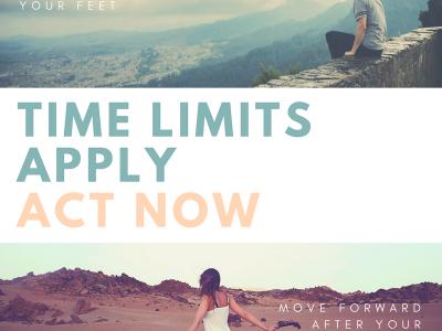 A man sits on a stone wall overlooking a city and mountains; below, a woman walks in a desert landscape. Text reads: "Time limits apply. Act now with Car Accident Lawyers Sydney. Move forward after your feet.