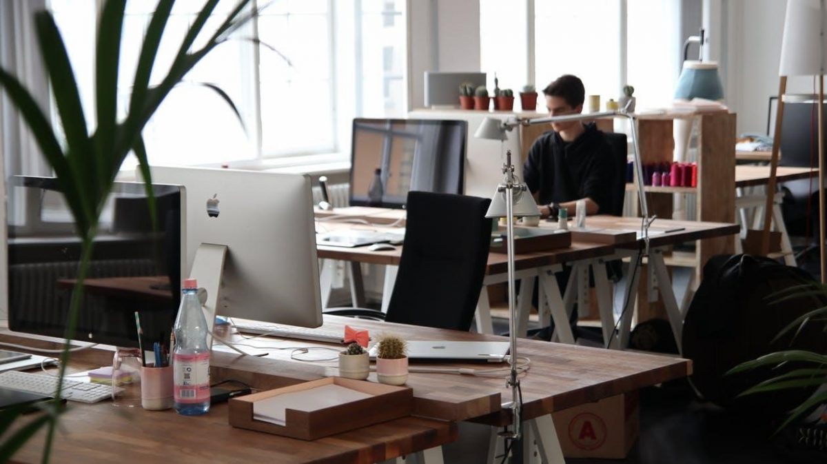 Modern open-plan office with wooden desks, computer monitors, office supplies, potted plants, and a person working at a desk in the background near large windows with natural light.