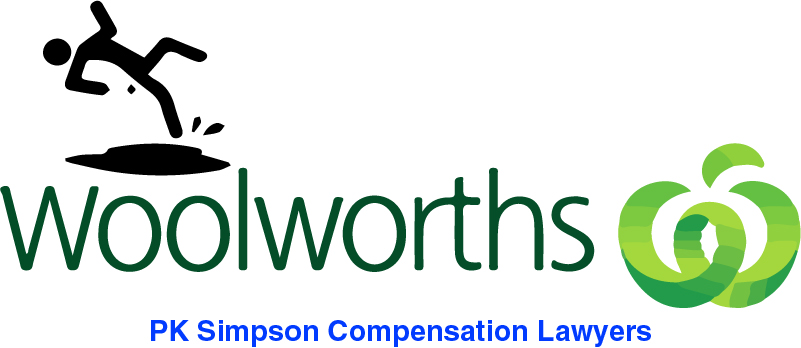 A stylized figure slips on a surface above the Woolworths logo, with the text "PK Simpson Compensation Lawyers" in blue below.