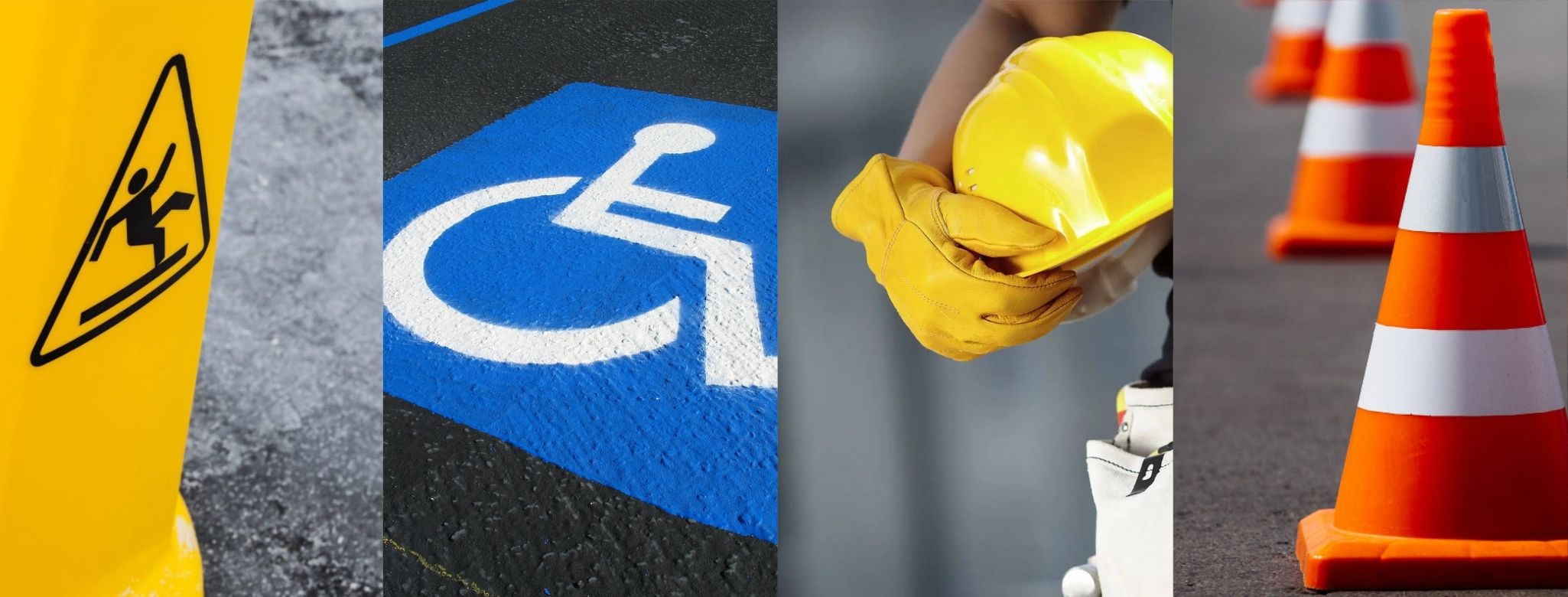 A collage of four safety-related images: a wet floor caution sign, a painted wheelchair accessibility symbol, a person holding a yellow hard hat and gloves, and orange traffic cones on pavement.