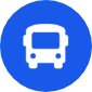 White bus icon on a blue circular background, representing public transportation or a bus service. White bus icon on a blue circular background, representing public transportation or a bus service.