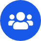 White icon of three people, with one larger figure in front and two smaller figures behind, centered on a solid blue circular background. White icon of three people, with one larger figure in front and two smaller figures behind, centered on a solid blue circular background.