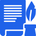 Blue icon of a sheet of paper with writing on it next to a feather quill and an ink bottle, representing writing or authorship. Blue icon of a sheet of paper with writing on it next to a feather quill and an ink bottle, representing writing or authorship.