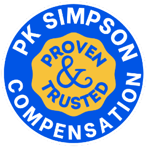 Blue and yellow circular badge with the words “PK SIMPSON COMPENSATION” around the edge and “PROVEN & TRUSTED” in the center.