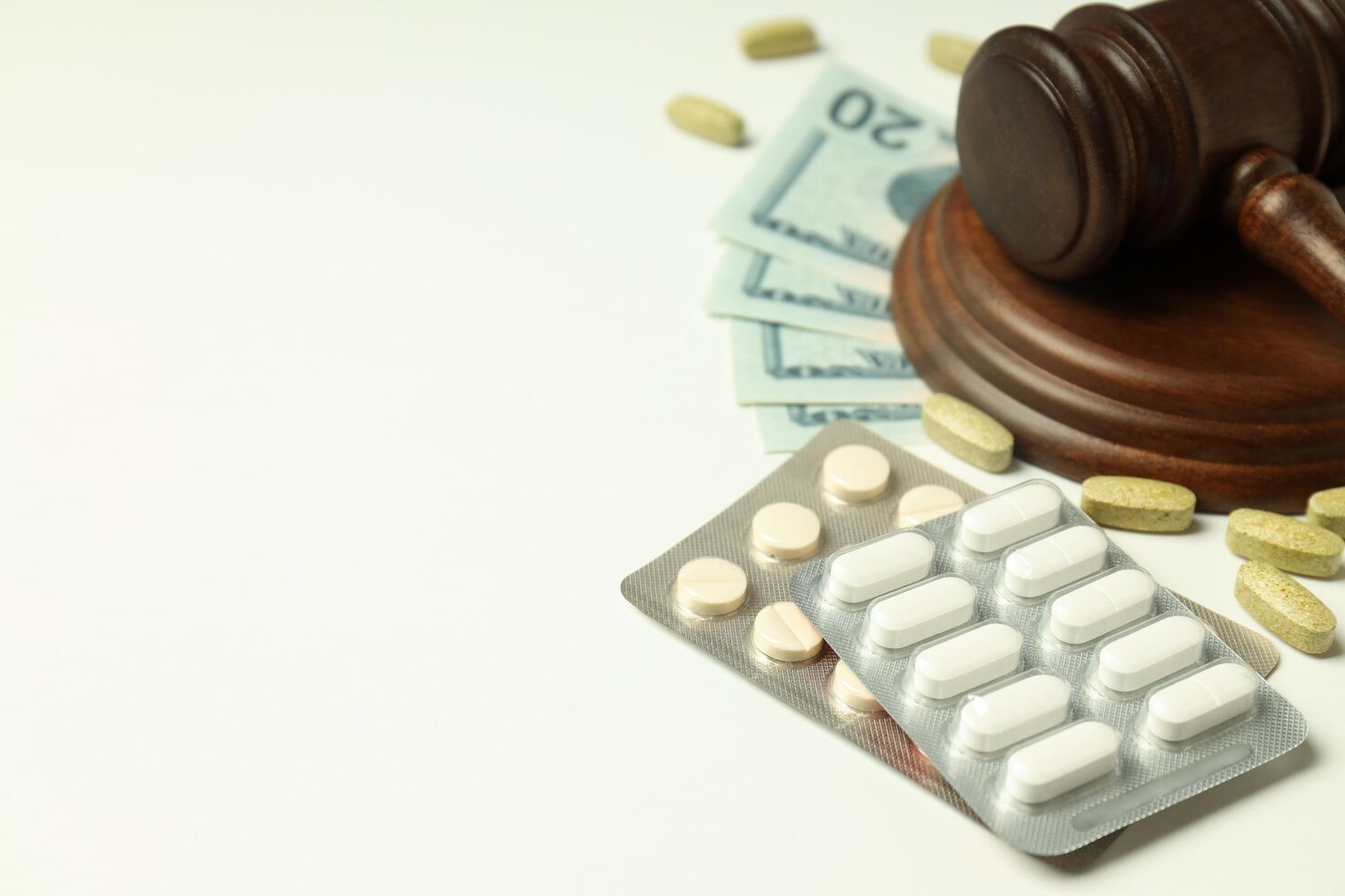 Blister packs of pills, scattered tablets, a wooden judge’s gavel, and several twenty-dollar bills on a white surface, symbolizing the intersection of medicine, law, and money.