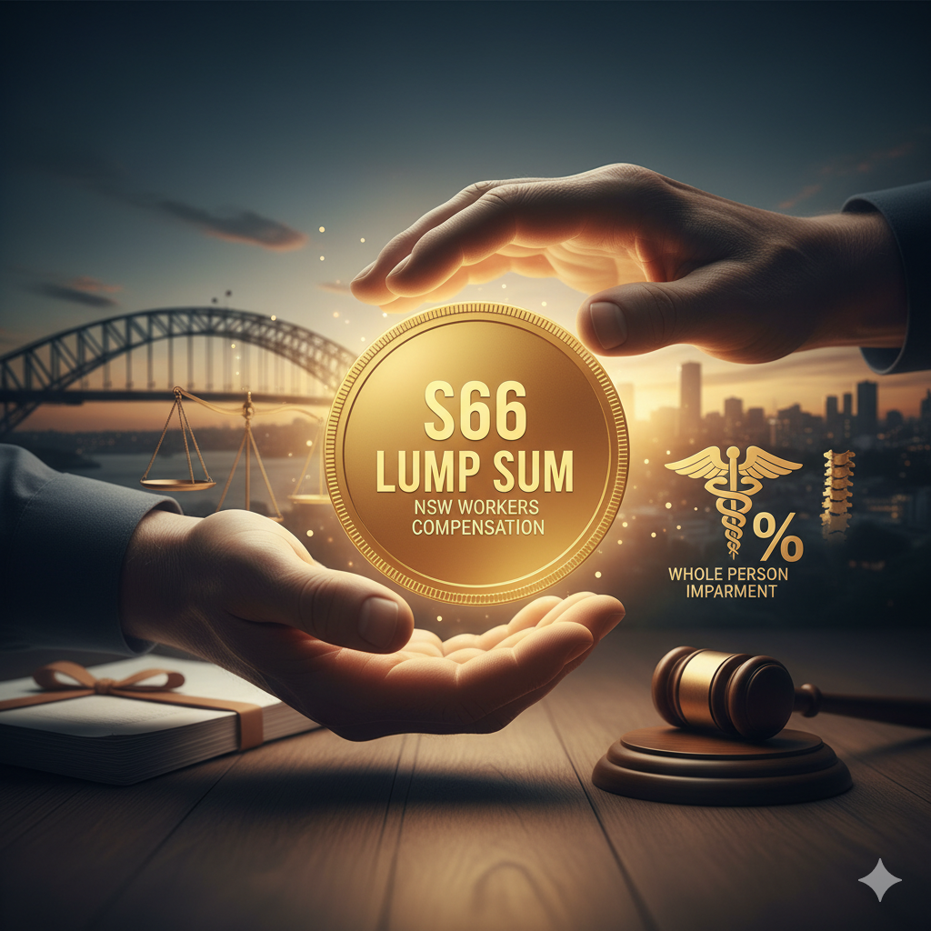 Two hands frame a glowing coin labeled "$66 Lump Sum NSW Workers Compensation," with icons for law and medicine. Sydney Harbour Bridge and cityscape are in the background. A gavel and scales of justice sit on a table.